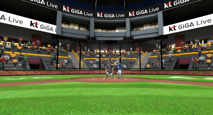 'VR 스포츠-야구' 게임 플레이 화면. 투수가 마운드에서 타석을 바라보고 공을 던지기 전 모습이다. [출처=KT]