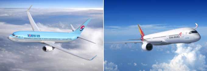 왼쪽부터 대한항공 보잉 737-900ER과 아시아나항공 A350-900 항공기. [사진=각 사]