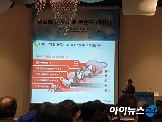이동근 KISA 단장이 28일 서울 삼성동 섬유센터에서 열린 '글로벌 정보보호 트렌드 세미나'에서 발표하고 있다.