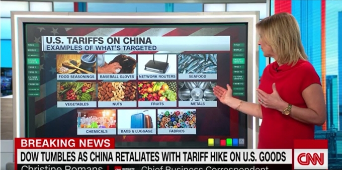 미국 CNN 방송이 14일 중국의 관세 인상으로 타격을 받는 미국산 제품의 품목에 대해 설명하고 있다.  [CNN 캡처]
