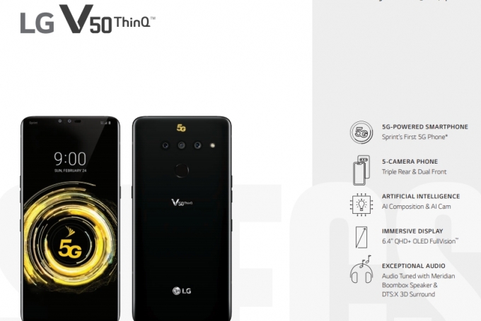 미국에서 '스프린트'를 통해 출시되는 LG V50 씽큐.  [출처=LG전자]
