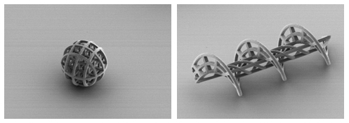 구형(Spherical)(좌)과 나선형(Helical)(우)으로 만든 스케폴드 마이크로로봇[DGIST]