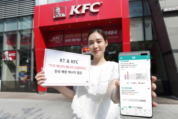 KT 모델이 전국 KFC 매장에 적용되는 ‘기가 에너지 매니저 프랜차이즈’ 서비스를 홍보하고 있다 [사진=KT]