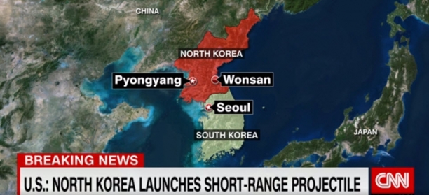 북한은 25일 새벽 동해상으로 단거리 미사일 2기를 또 발사했다. [CNN 캡처]