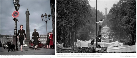 롱 스커트를 입고 있는 디올 모델(로버트 카파 1948년, 왼쪽)과 리퍼블리크에서 당페르-로슈로로 향하는 시위대(브뤼노 바르베 1968년). [제공=매그넘 인 파리]