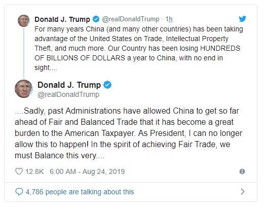 트럼프 대통령은 23일 중국의 보복관세 부과에 대해 추가관세로 맞불을 놓는 발표를 자신의 트위터에 게시했다. [CNN 캡처]
