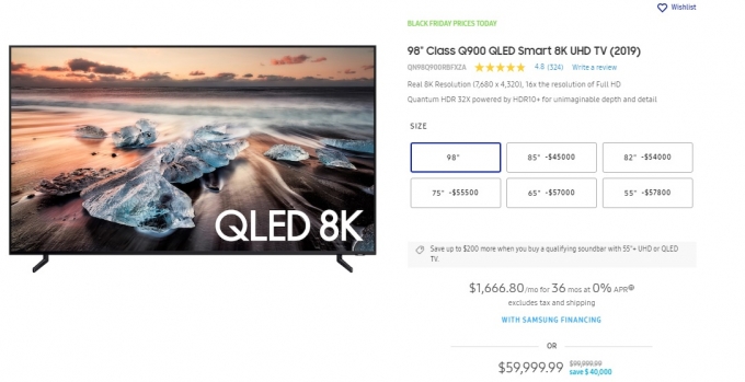 삼성전자 미국법인에서 98인치 8K QLED TV를 4만달러 할인한 가격에 판매하고 있다.  [출처=삼성전자 미국법인]