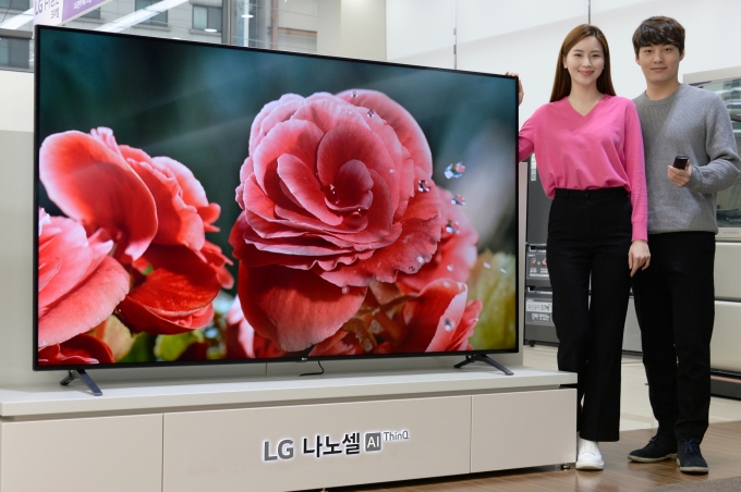 모델이 지난 17일 LG전자 베스트샵 봉천점에서 색 표현력을 높여주는 나노셀 기술이 적용된 2020년형 'LG 나노셀 AI ThinQ’ 신제품을 소개하고 있다.