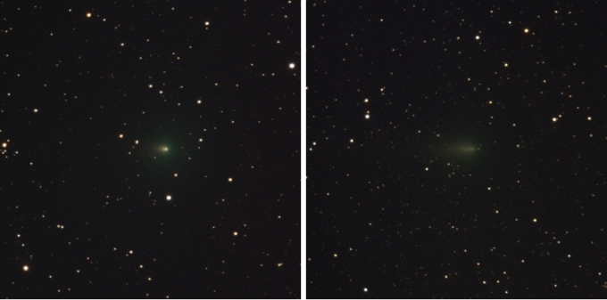 미국 애리조나 레몬산천문대에 위치한 OWL-Net 4호기로 관측한 아틀라스 혜성. 2020년 3월 30일 영상(좌)과 4월 17일 영상(우)을 비교하면 혜성의 밝기가 확연히 감소한 것을 알 수 있다 [천문연 제공]