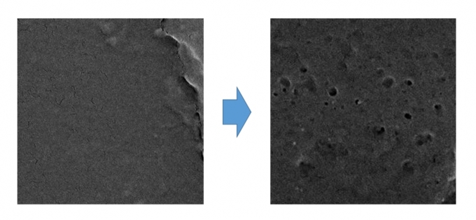 플랑크톤 처리 전과 후 PET 샘플 표면을 전자현미경으로 2만배 확대한 사진 [생명연 제공]