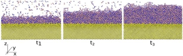 실리콘 기판 (노란색) 위에서 붕소 및 질소의 증착에 의해 3nm a-BN 박막이 형성되는 과정 시뮬레이션 이미지 [UNIST]