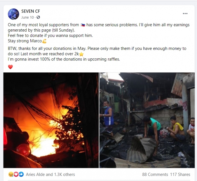 유럽 최강팀 골든V의 리더 '세븐' 루카 바야티는 지난 6월 필리핀에서 본인을 응원해주던 팬이 화재로 집을 잃자 약 1주일간 얻은 자신의 스트리밍 수익금 전액을 기부했다.  [출처=스마일게이트]