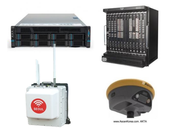2020년 상반기 과기정통부 우수연구개발 혁신제품. (왼쪽 위부터 시계방향으로) x86 제온 프로세서 기반 데이터센터용 서버 시스템(케이티엔에프), 1.2T급 패킷-광전달망 장비(우리넷), 정밀 측위용 RTK GNSS 수신기(아센코리아), TVWS 배낭 와이파이(이노넷) [과기정통부 제공]