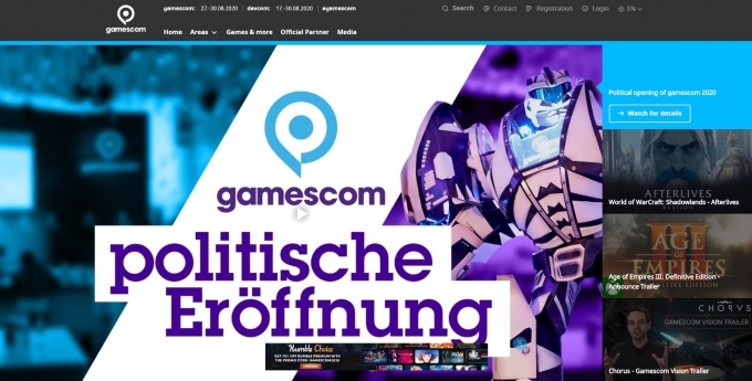 게임스컴 2020 공식 홈페이지.