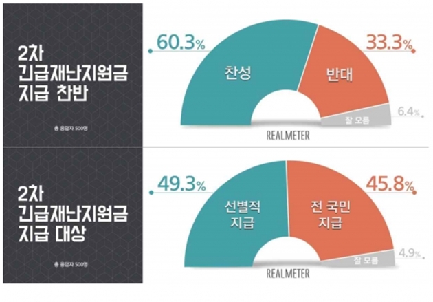 2차 긴급재난지원금 지급 찬반 / 지급 대상 여론 조사 결과. [리얼미터 제공]