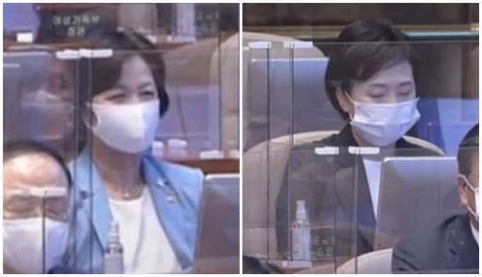 추미애 법무부 장관(왼쪽)과 김현미 국토부 장관. [국회 방송화면]