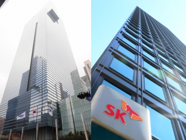 삼성과 SK그룹이 재계의 새로운 라이벌로 떠오르고 있다. 사진은 삼성전자 서초사옥(왼쪽)과 SK그룹 서린사옥.
