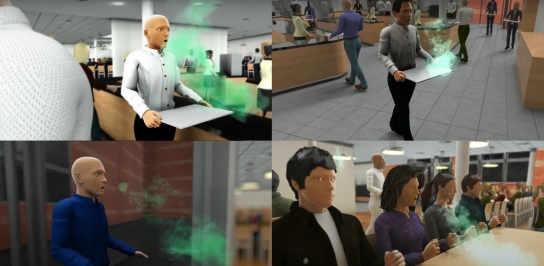 GEA그룹 가상 구내식당 '3D 버추얼 트윈 모델'에서 코로나19 전파 시뮬레이션을 진행하고 있다. [출처=다쏘시스템]