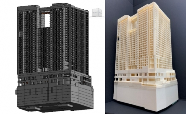 BIM 모델링 화면(왼쪽)과 3D 프린팅 기술로 디지털목업을 적용한 원효로 '역세권 청년주택' 이미지. [사진=롯데건설]