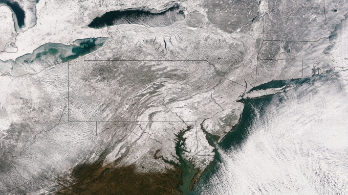 ▲2014년 GOES 위성이 관측한 미국 겨울 폭풍. 보스턴에는 기록적 폭설이 내렸고 수십 년 만에 가장 강력한 추위가 미국 본토를 강타했다. [NOAA]