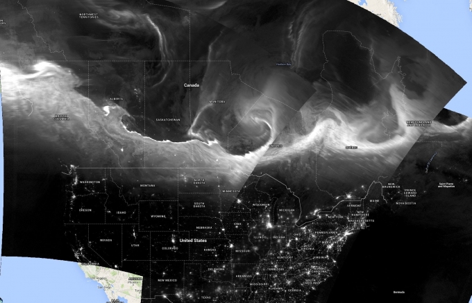 ▲2015년 인공위성이 관측한 북극광. 이른바 '오로라'이다. [NOAA]