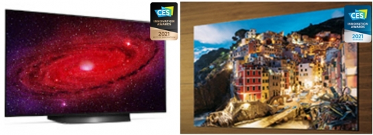 CES 2021 최고혁신상을 받은 LG OLED TV(좌) 혁신상을 받은 삼성 더월 럭셔리 [자료=각 사 홈페이지]