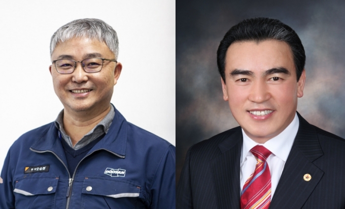 2021년 1월 이 달의 엔지니어상 수상자. 두산인프라코어 오승현 전무(왼쪽)와 기양금속공업 배명직 대표이사 [과기정통부 제공]
