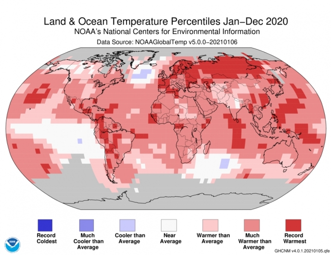 2020년 평균기온은 1880년대 이후 가장 높았던 2016년과 비슷한 것으로 분석됐다. 갈수록 평균기온이 상승하고 있다.  [NOAA]