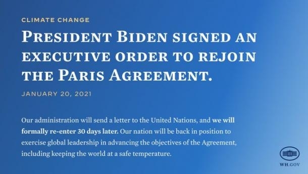 미국 백악관이 파리기후변화협약 재가입을 선언했다. [WMO]