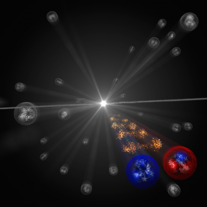 기묘한 입자 중에 가장 희귀한 오메가 하이퍼론(왼쪽)과 양성자(오른쪽)와의 상호작용을 예술적으로 상상한 그림.[출처=CERN]