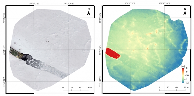 드론 촬영을 하나로 모아서 제작한 북극 해빙(왼쪽)과 수치표고모델(오른쪽). 수치표고모델에서 적색일수록 높은 고도, 푸른색일수록 낮은 고도를 의미한다. [사진=극지연구소]