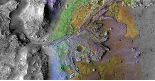 나사의 화성탐사선 퍼서비어런스의 착륙예정지 예제로 분화구 &#169;NASA/JPL-Caltech/MSSS/JHU-APL [과천과학관 제공]