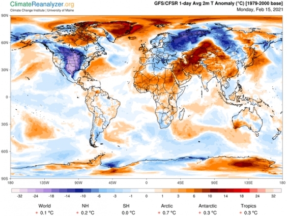 미국과 유럽에 지난 15일 강한 한파가 덮쳐 많은 사람이 고통을 받았다.  [사진=Climate Reanalyzer/WMO]