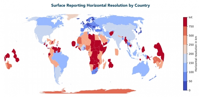아프리카, 라틴아메리카, 태평양과 카리브해 섬나라(붉은색) 등은 기상 관측 능력이 떨어지고 관련 데이터 공유 인프라도 부족한 것으로 나타났다.  [자료=WMO GBON]