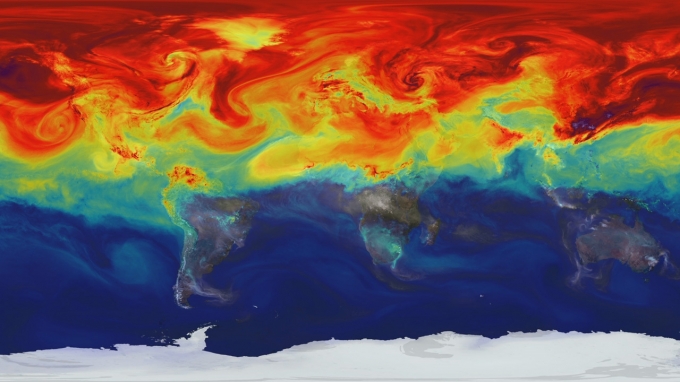 갈수록 이산화탄소 농도가 상승하고 있다. 붉은 색일수록 높은 농도를 의미한다. [사진=NASA’s Global Modeling and Assimilation Office]