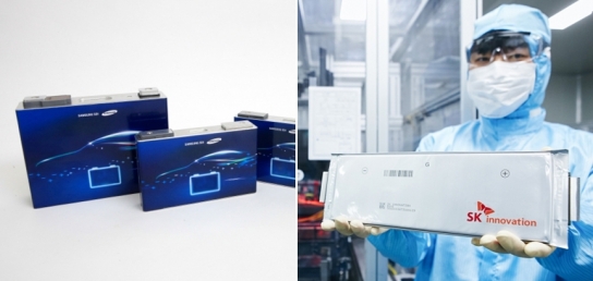 삼성SDI 전기차 각형 배터리(왼쪽), SK이노베이션 파우치형 배터리 [사진=각 사]