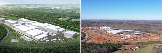 미국 조지아주 내 SK이노베이션 전기차 배터리 제1 공장 조감도(왼쪽) 및 건설 현장(오른쪽) [사진=SK이노베이션 ]