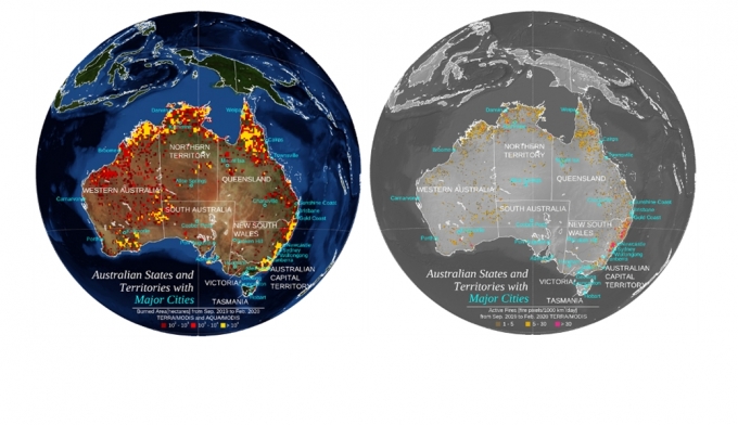 2019년 9월부터 2020년 2월까지 인공위성(MODIS/Terra)으로 수집된 자료를 분석한 결과. 호주에서 발생한 산불로 없어진 누적 화재 지역과 활성화 화재 발생 수의 분포를 보여주고 있다.  [사진=서울대]