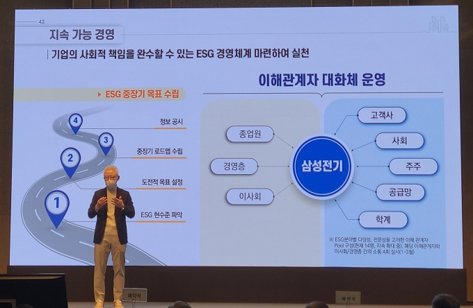 삼성전기 경계현 사장이 주주총회에서 ESG 경영을 설명하고 있다. [사진=삼성전기]