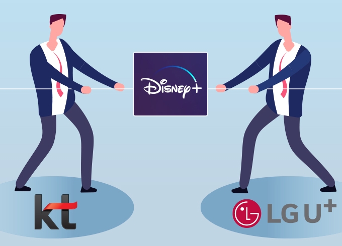 KT와 LG유플러스가 디즈니플러스를 놓고 경쟁하고 있다. [그래픽=조은수 기자]