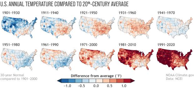 1901부터 2020년까지 미 대륙의 온도변화. 점점 뜨거워지고 있다. [사진=NOAA]
