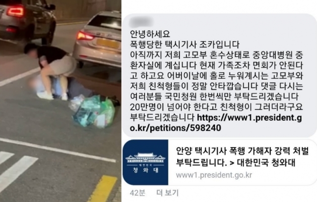 최근 20대 남성에게 무차별적으로 폭행을 당한 택시기사의 조카라고 밝힌 A씨가 국민 청원에 동참해달라고 호소했다.  [사진=인터넷 커뮤니티 ]