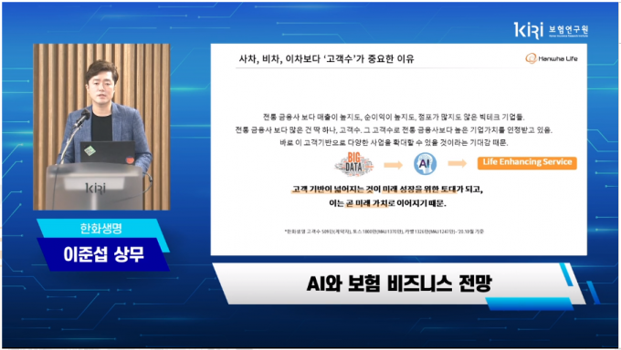 이준섭 한화생명 상무가 26일 보험연구원이 개최한 '보험산업의 AI 적용 현황과 과제' 온라인 세미나에서 주제 발표를 하고 있다.  [사진=보험연구원 제공 영상 캡쳐]