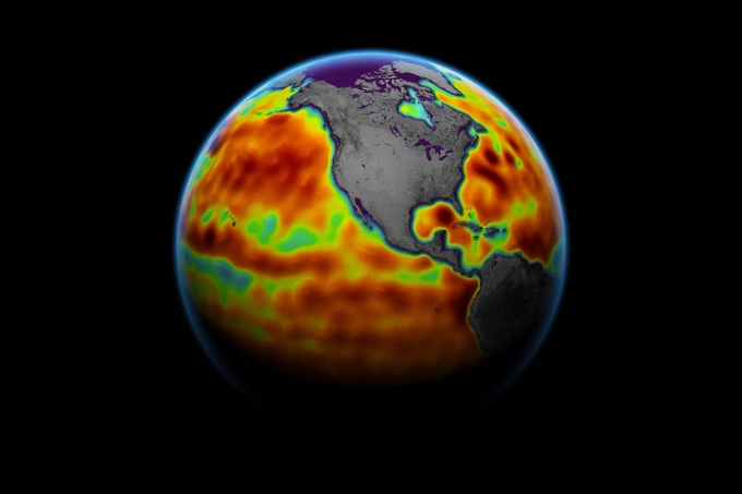센티널-6 마이클 프라일리히 위성이 파악한 해수면. 평균보다 붉은색은 해수면이 높다는 것을, 푸른색은 낮다는 것을 의미한다. [사진=NASA]