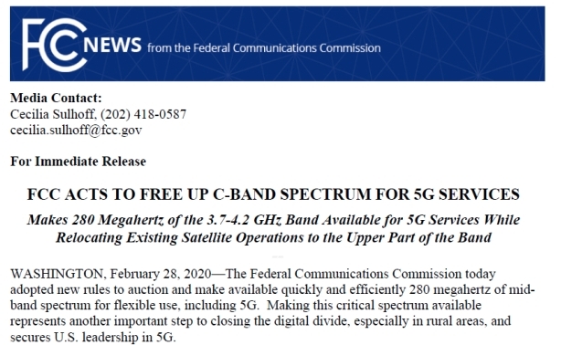 미국 FCC가 5G 서비스를 위한 대역으로 C밴드(Sub-6)인 중대역의 중요성을 설명했다. [사진=윤영찬 의원실]