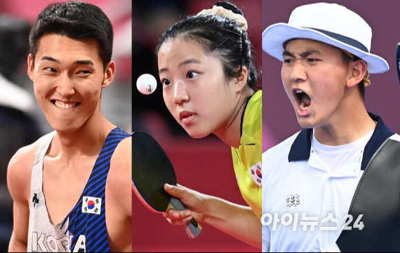 2020 도쿄올림픽에 한국 국가대표로 출전한 (왼쪽부터)육상 우상혁-탁구 신유빈-양궁 김제덕 선수의 모습.
