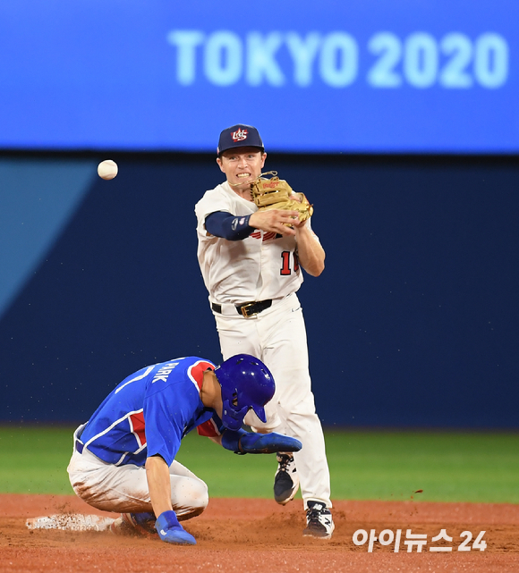 2020 도쿄올림픽 야구 패자준결승 대한민국 대 미국의 경기가 5일 일본 요코하마 스타디움에서 펼쳐졌다. 한국 박해민이 5회초 1사 1,2루 강백호의 병살타로 아웃되자 아쉬워하고 있다.