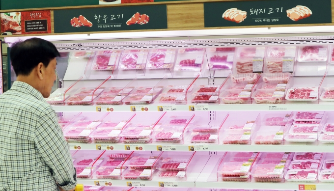 21일 한국은행은 아프리카돼지열병 등의 영향으로 국내산 돼지고기의 가격이 오름세를 보였다고 밝혔다. 사진은 13일 오전 서울 한 대형 마트에서 고객들이 육류를 고르는 모습. [사진=뉴시스]
