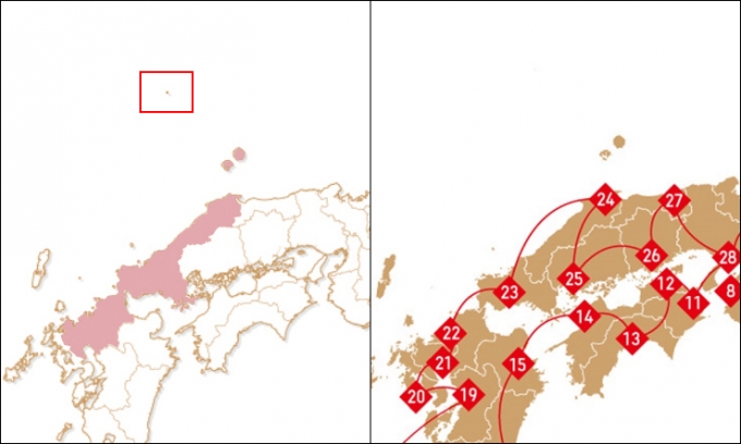  2020 도쿄올림픽 조직위원회가 기존 홈페이지 일본 지도에 독도를 표기한 모습(좌), 일본 지도가 바뀌면서 육안으로는 보이지 않는 독도(우). [사진=서경덕 성신여대 교양학부 교수 연구팀]