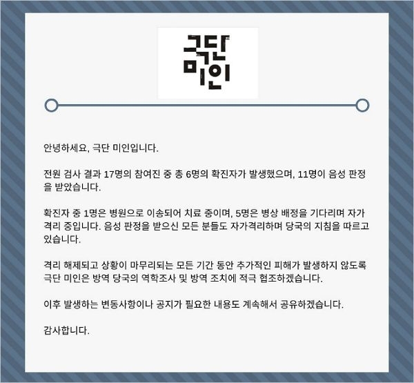 극단 미인 코로나 확진자 발생 공지  [극단 미인 공식 SNS]